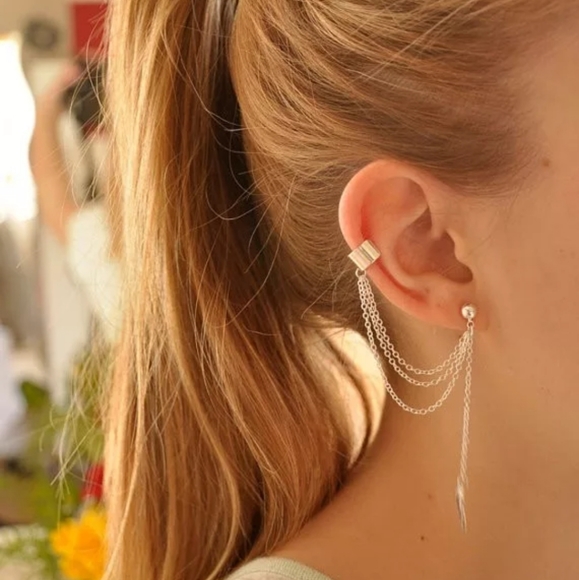 punk trendy ear cuff stud chain earrings Jewelry - 5 Piece Silver Ear Cuff Chain Fashion Jewelry